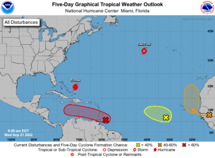 Aktuelle Karte der aktiven tropischen Stürme im Nordatlantik (Quelle: National Hurricane Center, https://www.nhc.noaa.gov/gtwo.php?basin=atlc&fdays=5)