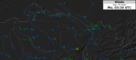 Karte mit Windmessungen, von der Region Aargau bis zur Ostgrenze der Schweiz.