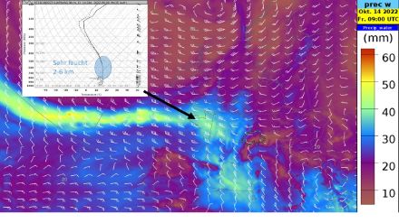 Modellvorhersage niederschlagbares Wasser (grün/gelb sehr hohe Werte = sehr feucht) und Wind in rund 3 km Höhe) am Freitag um 9 Uhr UTC. Vom Atlantik her fliesst mit einer westlichen Strömung sehr feuchte Luft nach Europa. In der Ballonsondierung von Brest (NW-Frankreich) um 2 Uhr nachts ist eine sehr feuchte Luftmasse zwischen rund 2 und 6 km Höhe zu finden.