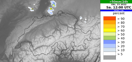 Wahrscheinlichkeit [in %] 24h-Niederschlagssumme >50 mm bis Samstag 14 Uhr. Vor allem in den Staulagen des Schwarzwalds sind die Wahrscheinlichkeiten deutlich erhöht. Modell Cosmo2, 06Z-Lauf.