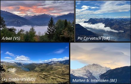 Tiefer Hochnebel im Wallis und Engadin, flache Quellwolken am Nachmittag über den Alpen, Wellenstrukturen in der mittelhohen/hohen Bewölkung.