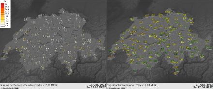 Sonnenscheindauer in Stunden und Maximumtemperatur bis 17 Uhr.