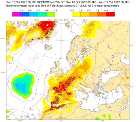 Extreme-Forecast-Index (EFI) für die Mitteltemperatur für die Tage 16.-18. Oktober 2022. Quelle: ECMWF