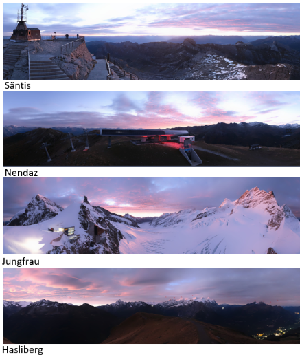 Webcam-Parade vom Sonntagmorgen mit einem farbenfrohen Sonnenaufgang über den Alpen. Über dem Haslital und der Grimselregion (Bild unten) zeigten sich zusätzlich Linsenwolken, geformt von der föhnigen Südwestströmung. Quelle: roundshot.com