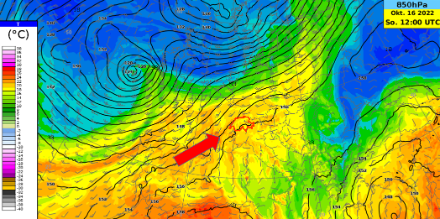 Äquivalentpotentielle Temperatur in etwa 1500 Meter Höhe nach dem europäischen IFS-Modell am Sonntag, 16.10.2022 um 14 Uhr. Orange-rote Farbtöne zeigen (feucht)-warme, blaue Farbtöne trocken-kalte Luftmassen.