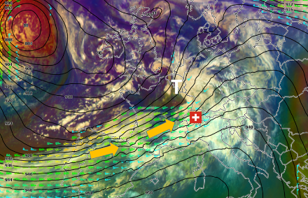 Wettersituation am Freitagvormittag, 21.10.2022. Luftmassen-Satellitenbild, Höhenströmung (schwarze Linien) und kräftige südwestliche Höhenströmung (Jetstream, eingezeichnet mit Windfiedern). Ein Wellentief befand sich mit seinem Zentrum bei Belgien.