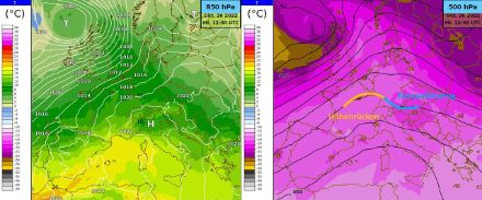 Wettersituation gemäss dem Wettermodell IFS HRES am Mittwoch um 12 UTC. Links: Temperatur auf 850 hPa überlagert mit Luftdruck auf Meereshöhe. Rechts: Temperatur und Geopotential auf 500 hPa. Quelle: MeteoSchwei und ECMWF