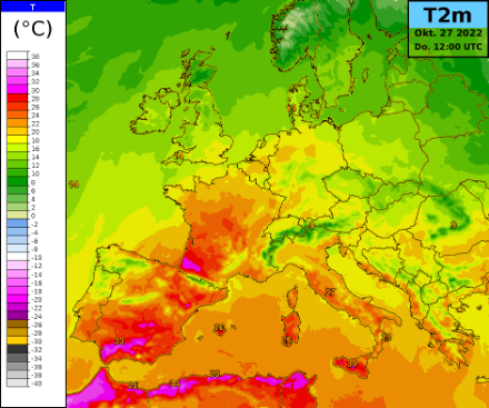 Temperaturvorhersage für Donnerstag, 27. Oktober um 12 UTC. Im westlichen Mittelmeer und in Südfrankreich bewegt sich die Tageshöchsttemperatur verbreitet zwischen 25 und teils über 30 Grad. Quelle: MeteoSchweiz und ECMWF
