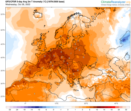 Abweichung der Temperatur auf 2 Meter für die nächsten fünf Tage gegenüber dem Mittel (1979-2000). Die Darstellung basiert auf der NCEP Climate Forecast System Reanalysis (CFSR) und verwendet eine leicht abweichende Referenzklimatologie. Unabhängig davon liegt die Temperatur derzeit in weiten Teilen Europas deutlich über der Norm. Quelle: Climate Reanalyzer (https://ClimateReanalyzer.org), Climate Change Institute, University of Maine, USA