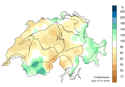 Karte zu den Niederschlagsmengen in der Schweiz im Oktober 2022.