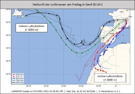 Herkunft der Luftmasse, welche morgen Freitag (8 Uhr Lokalzeit) die Westschweiz erreicht. Die Linien visualisieren den Weg, welcher ein hypothetisches Luftpaket in den letzten 3 Tage zurückgelegt hat. Die Trajektorien der höheren Luftpakete (grün, schwarz) haben ihren Ursprung im Atlantik, Luftmassen zwischen 1000 und 3000 Metern (blau, rot) stammen aus der westlichen Sahara.