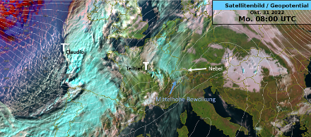 Satellitenbild und Höhe Geopotential [dm] auf 500 hPa Fläche (ca. 5500m) um 9 Uhr. Zwischen einem Hochdruckrücken über Italien/Osteuropa und einem Tief über dem Atlantik liegt die Schweiz in einer südwestlichen Höhenströmung. Tiefe Bewölkung ist weiss/grau, mittelhohe/hohe Bewölkung grünlich. Das Teiltief in der Höhe sorgte vorübergehend für eine Zunahme der Bewölkung.