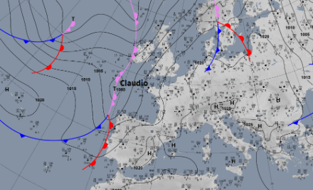 Bodenwetterkarte um 7 Uhr. Weite Teile Europas waren heute noch hochdruckbestimmt, westlich von Frankreich lag das Tief «Claudio».