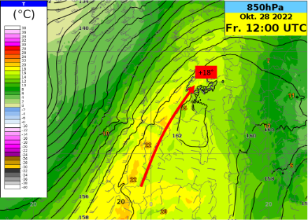 Geopotentielle Höhe, Temperatur [°] und Windrichtung und -stärke (Windfieder) in der Schweiz und in deren weiteren Umgebung am kommenden Freitag um 12 UTC auf 850 hPa (ca. 1600 Meter). Mit südwestlichen Winden (roter Pfeil) fliesst sehr milde Luft zur Schweiz.