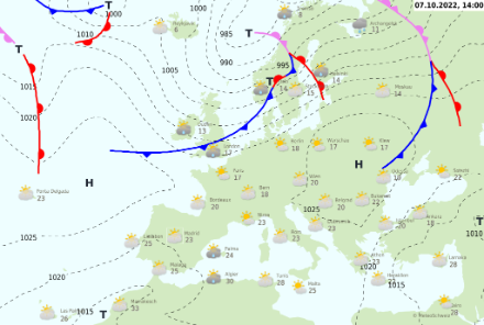 Bodenanalyse über Europa am Freitag um 14 Uhr Lokalzeit. Das Hoch über Osteuropa sorgte für trockenes und meist sonniges Wetter in Mitteleuropa.