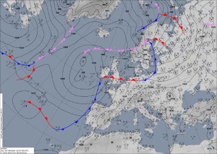 Bodenanalyse mit Fronten von heute Morgen um 6 UTC.