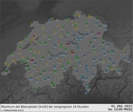 Böenspitzen bis 13 Uhr in km/h.