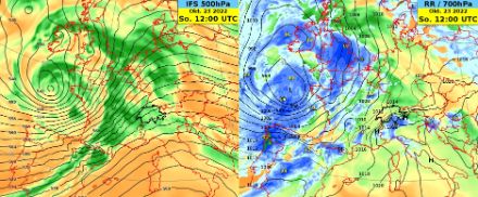 Wetterlage um 12 UTC: Modellkarten des IFS (ECMWF) mit 500 hPa Geopotential und rel. Feuchtigkeit (links), Bodendruckfeld mit 700 hPa rel. Feuchtigkeit und 6 h-Niederschlagsmenge (rechts).