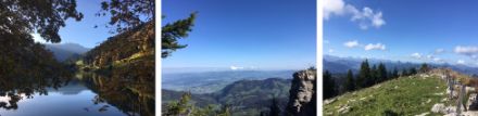 Impressionen einer Wanderung auf den Gross Aubrig (SZ): Wägitalersee (links), Blick vom Gipfel Richtung Norden (Bildmitte) und Richtung Südwesten (rechts).