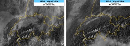 Satellitenbild im sichtbaren Licht des MSG am 04.10.2022, 6 UTC (links) und am 05.10.2022, 6 UTC (rechts).