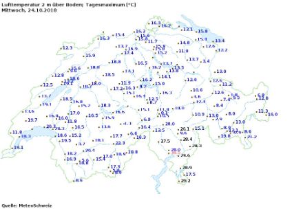 Der heutige 3. Oktober war zwar in den Niederungen der Alpensüdseite für die Jahreszeit sehr warm. Allerdings war der 24. Oktober 2018 besonders im Locarnese und im Sottoceneri deutlich wärmer, wurden doch Temperaturen gegen 30 Grad aufgezeichnet, wie man der oben stehenden Grafik entnehmen kann.