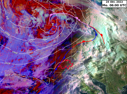 Satellitenbild von heute Morgen, 06 UTC. Eingezeichnet sind die Isobaren (weisse Linien) und die langgestreckte und verwellte Frontalzone über Mittelleuropa, ausgehend vom Tief über der Nordsee.