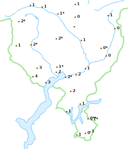 Anzahl Tage mit einer Niederschlagsumme von 100 mm und mehr im Tessin und Misox zwischen 1981 und 2021. Im Onsernonetal und im Centovalli konnte durchschnittlich an 3 oder 4 Tagen eine Tagesumme von 100 mm und mehr verzeichnet werden.