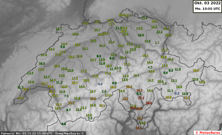 Tageshöchsttemperatur in der Schweiz heute, den 3. Oktober 2022, bis um 15 UTC: Dank Nordwind war es auf der Alpensüdseite wieder einmal deutlich wärmer als in der übrigen Schweiz.