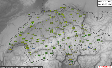 Tageshöchsttemperatur in der Schweiz heute, den 13. Oktober 2022, bis um 15 UTC.