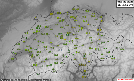 Tageshöchsttemperatur heute, den 25. Oktober 2022, bis um 14.30 UTC. Mit Höchstwerten von 14 bis 19 Grad war es in den Niederungen nördlich der Alpen etwa 3 bis 7 Grad zu warm.