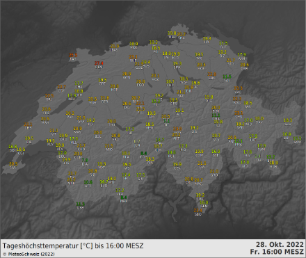 Karte mit den Tiefsttemperaturen in der Nacht zum 28. Oktober 2022