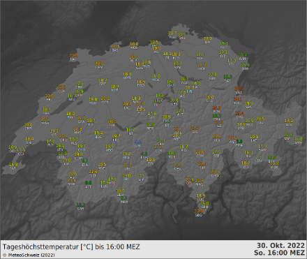 Grafik mit Tageshöchsttemperaturen bis 16 Uhr MEZ.