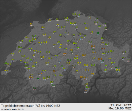 Maximumtemperatur bis 16 Uhr. In Chur wurde mit Föhn ein Sommertag nur knapp verpasst, in Güttingen am Bodensee reichte es hingegen "nur" für 12.4 Grad.
