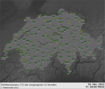 Karte mit den Tiefsttemperaturen in der Nacht zum 28. Oktober 2022