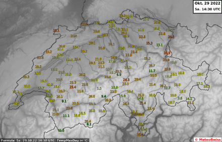 Tageshöchsttemperaturen bis heute 16.30 Uhr an ausgewählten Stationen im Messnetz von MeteoSchweiz.