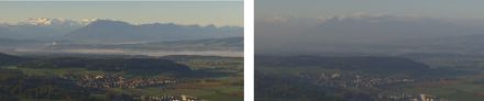 Blick vom Uetliberg nach Süden am 05.10.2022 (links) und am 06.10.2022 (rechts) jeweils um 6.30 UTC. Deutlich erkennbar der flache Nebel am Vortag mit darüber klarer Sicht auf die Berge, am heutigen Tag ohne Nebel, dafür mit Dunst in der Grundschicht.
