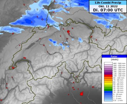 Niederschlagssumme über 12 Stunden von der vergangenen Nacht (gestern 19 UTC - heute 07 UTC) basierend auf Radar- und Bodenmessdaten.