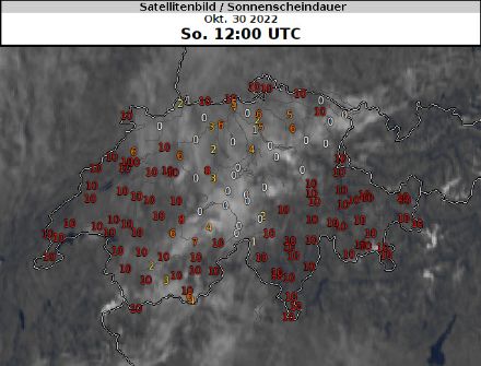 Satellitenbild in Graustufen und Sonnenscheindauer in Zahlen.