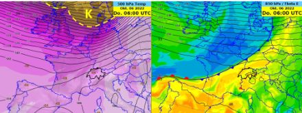 500 hPa Geopotential (Linien) mit Temperatur (farbige Flächen) links und 850 hPa Geopotential (Linien) mit Äquivalentpotentieller Temperatur (farbige Flächen) und eingezeichneten Fronten (rechts) des IFS Modells am 06.10.2022, um 6 UTC.