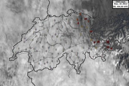 Satellitenbild mit Sonnenscheindauer über der Schweiz.