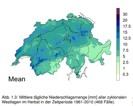 Karte der Schweiz mit Mittelwert der Niederschläge bei zyklonalen Westlagen