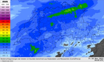 Karte der Schweiz mit 12-stündigen Niederschlagssummen zwischen Donnerstag 18 und Freitag 06 Uhr