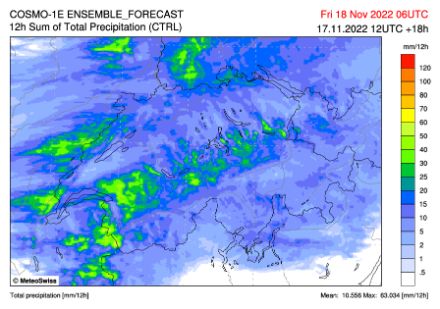 Karte der Schweiz mit prognostiziertem 12-stündigen Niederschlag