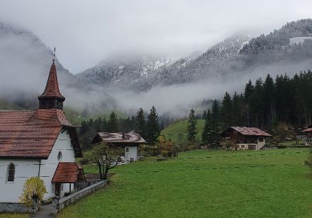 Blick von der Ortschaft Im Fang (FR) auf rund 950 Metern zu den verschneiten Wäldern etwas oberhalb des Ortes.
