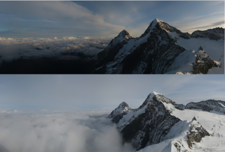 Blick vom Jungfrau Ostgrat auf die tiefe Bewölkung, die um 7:50 Uhr noch deutlich tiefer lag als um 9:30 Uhr. Aufgrund der Hebung stieg die Bewölkung mit der Kaltfront etwas an.