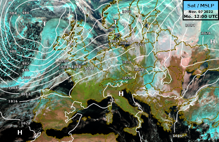 Satellitenbild überlagert mit Luftdruck auf Meereshöhe am Montag, 7. November um 12 UTC. Quelle: MeteoSchweiz