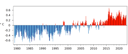 Säulendiagramm der globalen monatlichen Temperatur seit 1979.