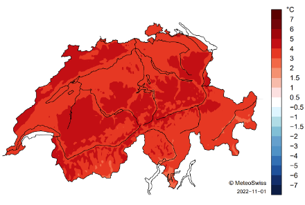 Schweizerkarte zur Temperaturverteilung im Oktober 2022.