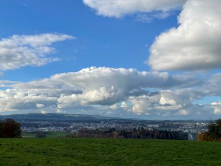 Freundlicher Wettercharakter heute im Luzerner Mittelland. In der Bildmitte ein Quellwolke (Cu) die an der Inversion anstösst und sich ausbreitet. 
