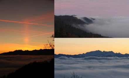 Impressionen vom Albispass. Links eine «obere Lichtsäule» (senkrechte optische Erscheinung in Bildmitte), rechts der Blick zum Uetliberg bzw. zum Säntis. Bilder: Daniel Gerstgrasser